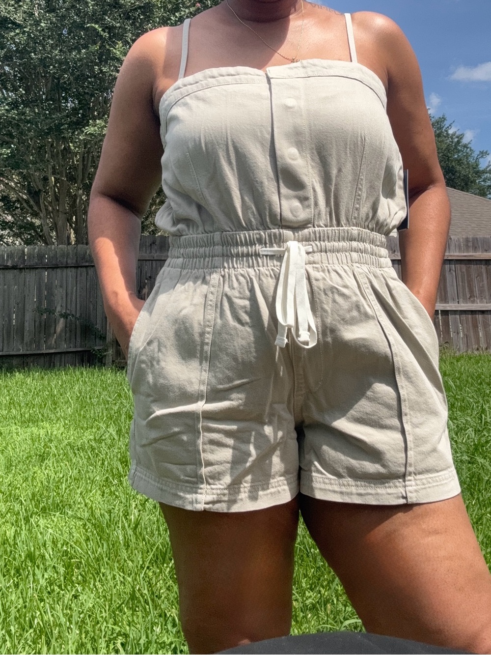 Universal Thread High-Waist Drawstring Romper in Khaki Green Denim